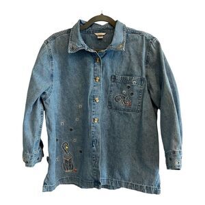 Christopher Banks Embroidered Cats Women's XLDenim Long‎ Sleeve Top  Cat Lover